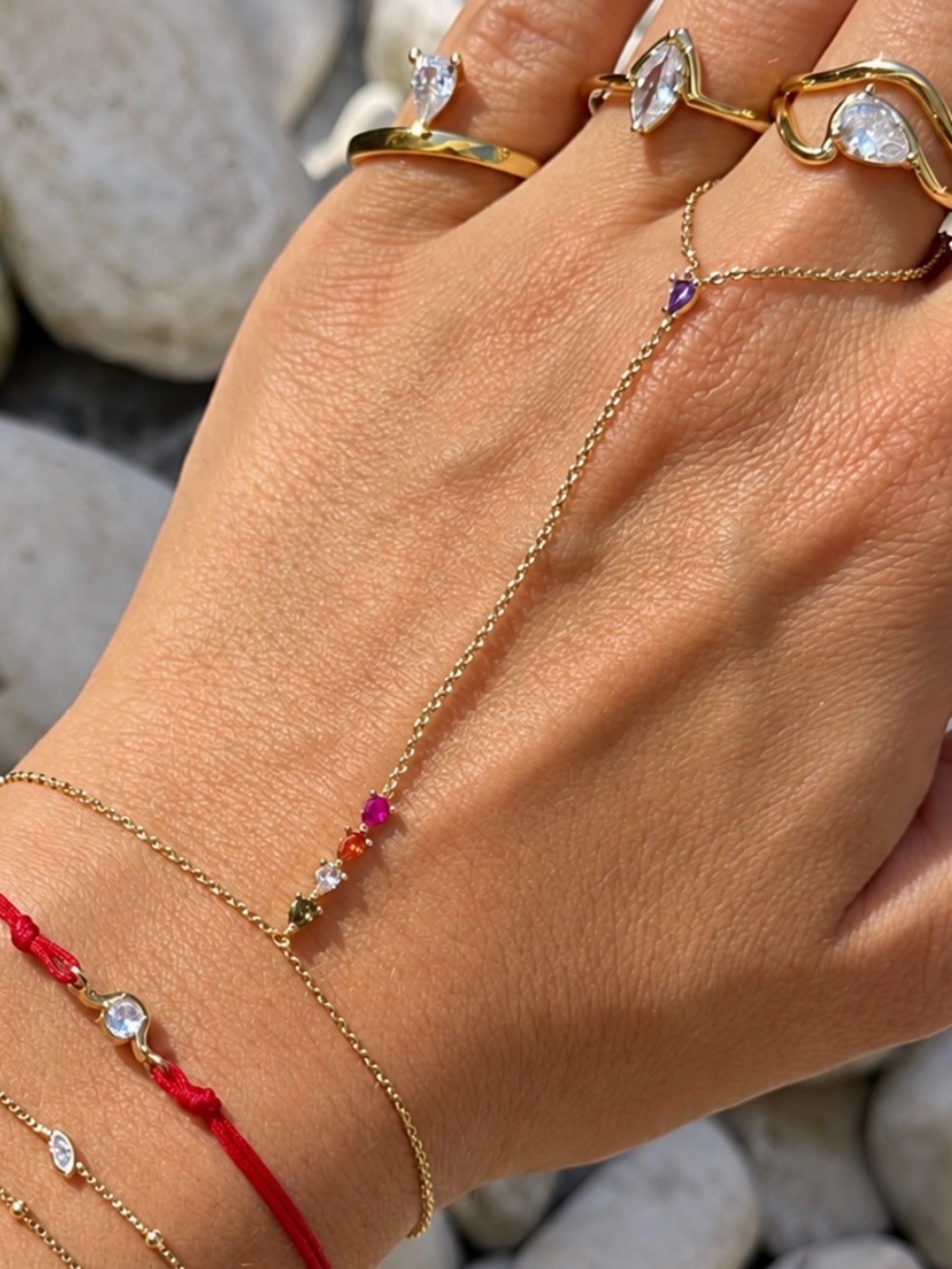 14K Gold Plated Rhodium Hand Chain, Multi-Color Gemstone Slave Bracelet